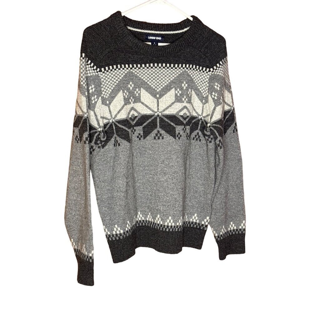 Lands' End Fair Isle Sweater Men's S 34-36 Gray Nordic Pattern Cotton Wool Blend